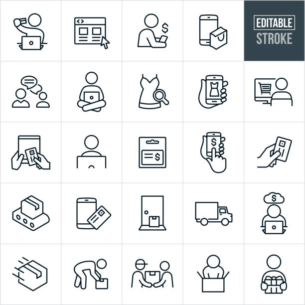 Online Shopping Thin Line Icons - Ediatable Stroke A set of online shopping icons that include editable strokes or outlines using the EPS vector file. The icons include customers shopping online using computers and different electronic devices. They include a person shopping from a laptop while holding a credit card, a website, person shopping from smartphone, customer service, shopping from a desktop computer, selecting merchandise to purchase, shopping from a tablet pc, e-commerce, gift card, package, delivered package, delivery truck, delivery and an unboxing of a delivered purchase to name just a few. impulse shopping stock illustrations