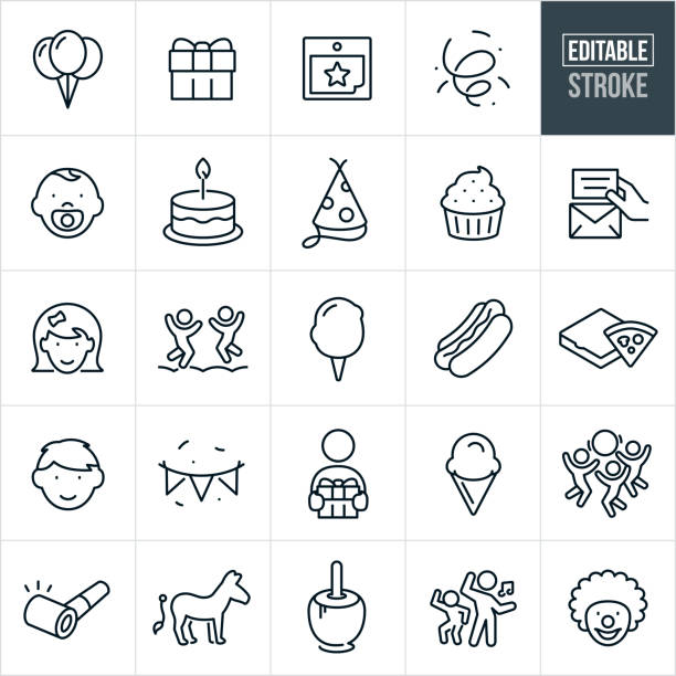 Children's Birthday Party Thin Line Icons - Ediatable Stroke A set of children's birthday party icons that include editable strokes or outlines using the EPS vector file. The icons include a toddler, little girl and little boy celebrating birthday parties. They include balloons, gift, calendar, confetti, birthday cake, party hat, cupcake, invitation, playing, games, cotton candy, hotdog, pizza, party banner, ice cream cone, party horn, pin the tail on the donkey, caramel apple, dancing and a clown. happiness symbols stock illustrations