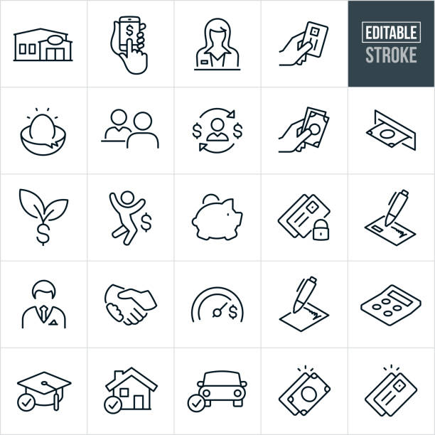 banking thin line icons - editable stroke - piggy bank symbol finance black stock-grafiken, -clipart, -cartoons und -symbole