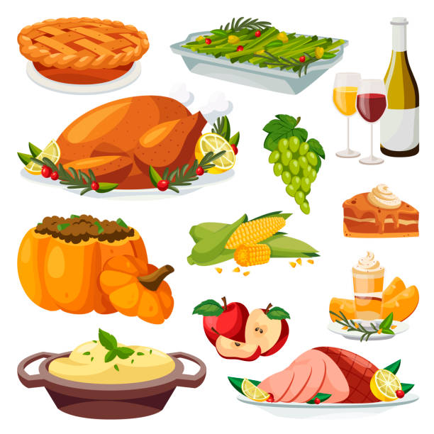 thanksgiving urlaub menü design elemente. vektor flache cartoon-illustration. traditionelle sanienmahlzeit - thanksgiving symbol turkey apple stock-grafiken, -clipart, -cartoons und -symbole