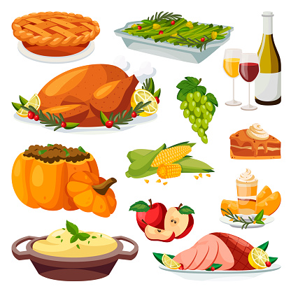 Thanksgiving holiday menu design elements. Vector flat cartoon illustration. Traditional holiday home made meal. Roasted turkey, pie, green beans and pumpkin smoothie.