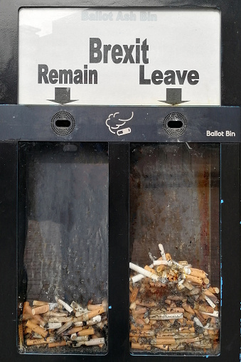 Ballot ash bin, vote leave or remain. Brexit concept