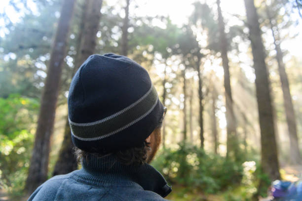 This is a photograph of the back of a man’s head as he looks up at the rays of light filtering in through the trees at his campsite in Oregon, USA.