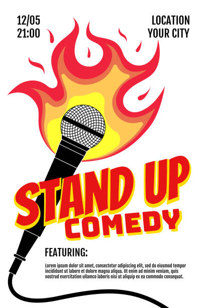 Stand up comedy night live show A3 A4 poster design template. Microphone on fire on white background. Hot comic jokes roast concept flyer. Vector fun burning open mic stage illustration Stand up comedy night live show A3 A4 poster design template. Microphone on fire on white background. Hot comic jokes roast concert concept flyer. Vector fun burning open mic stage illustration open flame stock illustrations