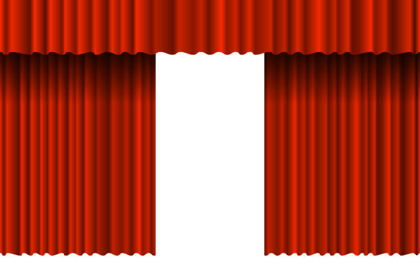 istock Opened luxury red realistic curtain with many shadow stage backdrop. Grand opening theatrical velvet fabric drapes stage opening ceremony. Vector theater premiere poster announcement illustration 1175324668