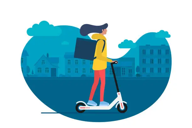 Vector illustration of Delivery young female courier riding electric kick scooter with package product box. Fast shipping service concept on city street. Vector illustration active adult millennial on cityscape