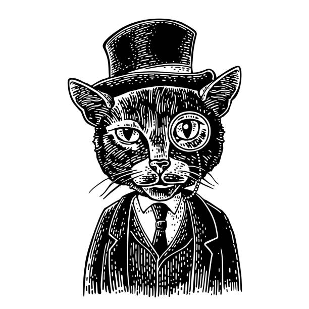 Cat gentleman holding a watch and dressed hat, suit. Engraving Cat gentleman holding a watch and dressed in a hat, suit, waistcoat. Vintage black engraving illustration for poster. Isolated on white background. Hand drawn design element for label and poster drawing of a cylinder shape stock illustrations