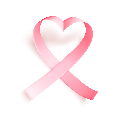 Realistic pink heartshaped ribbon over white background with shadow. Symbol of national breast canser awareness month in october. Vector illustration.