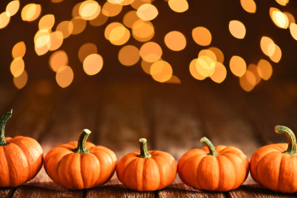 istock Thanksgiving still life with pumpkins and illuminated background on a rustic wooden table 1175331207