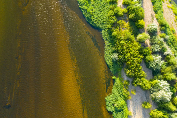 Aerial close-up of the patterns created by the Loire currents near Nevers stock photo