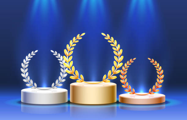 bühnenpodium mit beleuchtung, stage podium scene mit für preisverleihung auf blauem hintergrund. - bronze medal medal success winning stock-grafiken, -clipart, -cartoons und -symbole