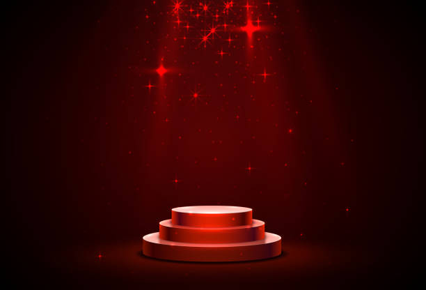 istock Stage podium with lighting, Stage Podium Scene with for Award Ceremony on red Background. 1175351449