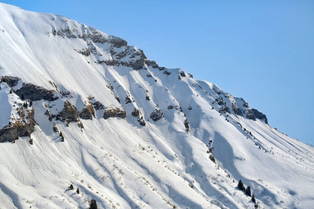 Off Piste snow and ski lines from a hill near to Rochebrune and massive volumes of powder snow at Megeve of French Alps on a sunny day.