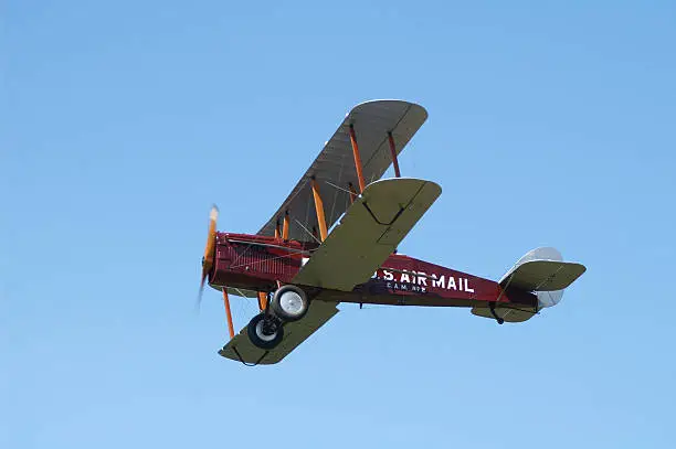 De Havilland DH-4 biplane in paint scheme used as United States (government operated) airmail plane circa 1919.
