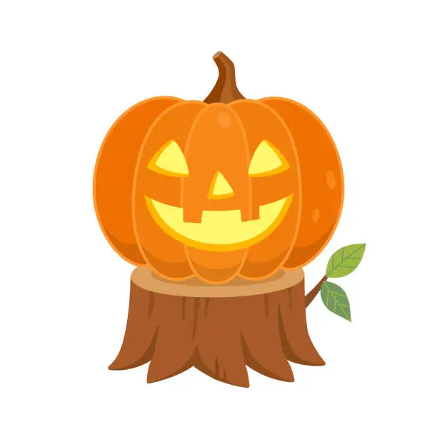 Vector illustration of Halloween pumpkin on tree stump
