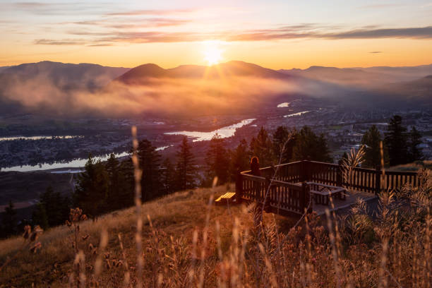 Girl on the Lookout during sunrise Girl Standing on a Lookout and looking at a Beautiful View of a Canadian City, Kamloops, during a colorful summer sunrise. Located in the Interior British Columbia, Canada. kamloops stock pictures, royalty-free photos & images