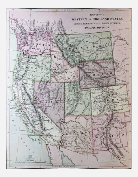 illustrazioni stock, clip art, cartoni animati e icone di tendenza di illustrazione antica - 1878 geografia - mappa degli stati uniti occidentali - montana map old cartography