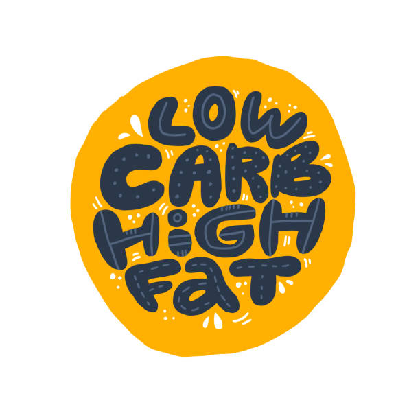 Low carb high fat black collage lettering Low carb high fat black collage lettering. Keto diet flat hand drawn illustration. Ketogenic eating isolated slogan, phrase on yolk background. Healthy nutrition poster, banner design template carbohydrate food type stock illustrations