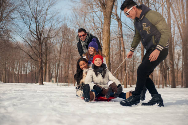 istock Group of friends enjoying pulling a sled in the snow in winter 1175359941