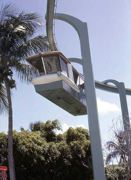 Monorail, Miami, Florida, USA 1968. Began operation at Sea Aquarium in 1963, demolished in 1991. Kodachrome scanned film with grain.
