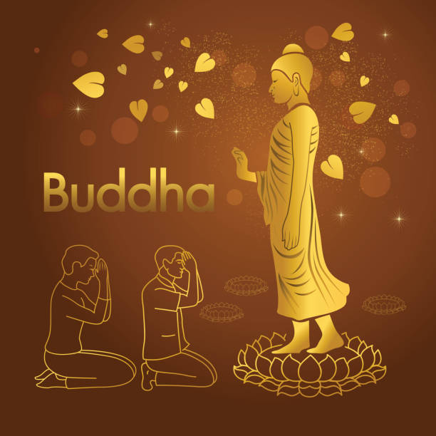 Buddha Stand on lotus vector Buddha Stand on lotus  and buddhist sitting worship, Bodhi leaf background vector design happy vesak day stock illustrations