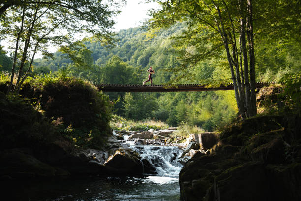 mujer corriendo a través del puente en la naturaleza. - puente peatonal fotografías e imágenes de stock