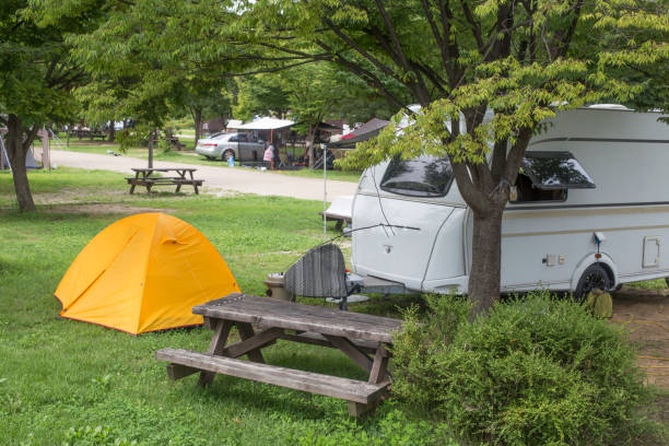istock tourists by car with a tent 1175371147