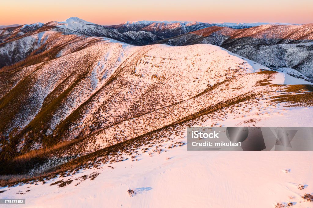 Hotham razorback trail Razorback Hiking Trailhead at Mt. Hotham Victoria Australia, at dusk / sunset with snow. Australia Stock Photo