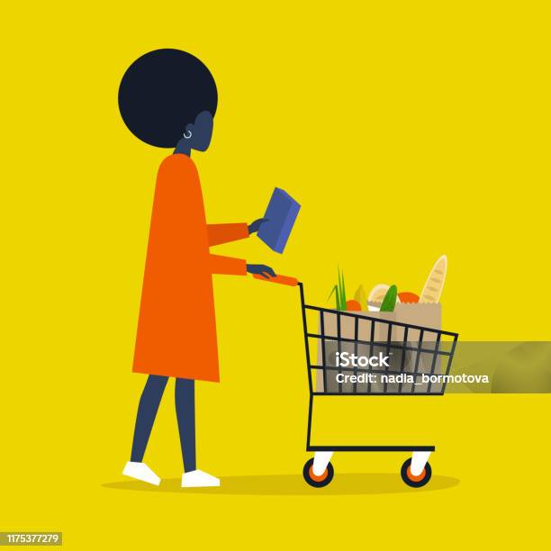 Nutrition Information Gluten Free No Added Sugar Organic Healthy Food Young Black Female Character Holding A Box Of Cereals Or Pasta Flat Editable Vector Illustration Clip Art Stock Illustration - Download Image Now