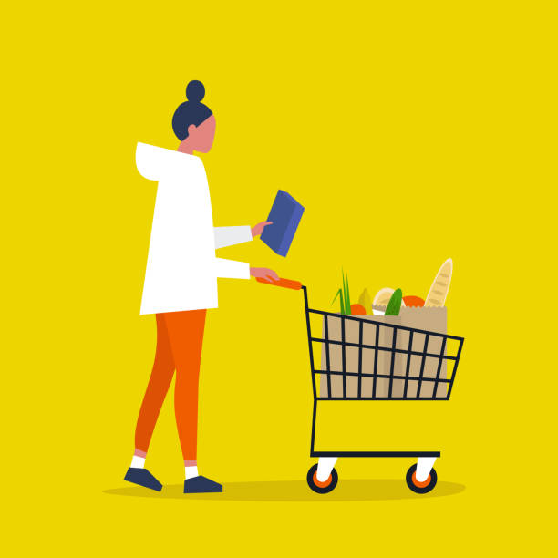 Nutrition information. Gluten free. No added sugar. Organic. Healthy food. Young female character holding a box of cereals or pasta. Flat editable vector illustration, clip art Nutrition information. Gluten free. No added sugar. Organic. Healthy food. Young female character holding a box of cereals or pasta. Flat editable vector illustration, clip art cart illustrations stock illustrations