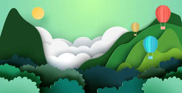 Vector illustration of Summer travel and adventure concept with hot air balloons on mountains and forest nature landscape background.