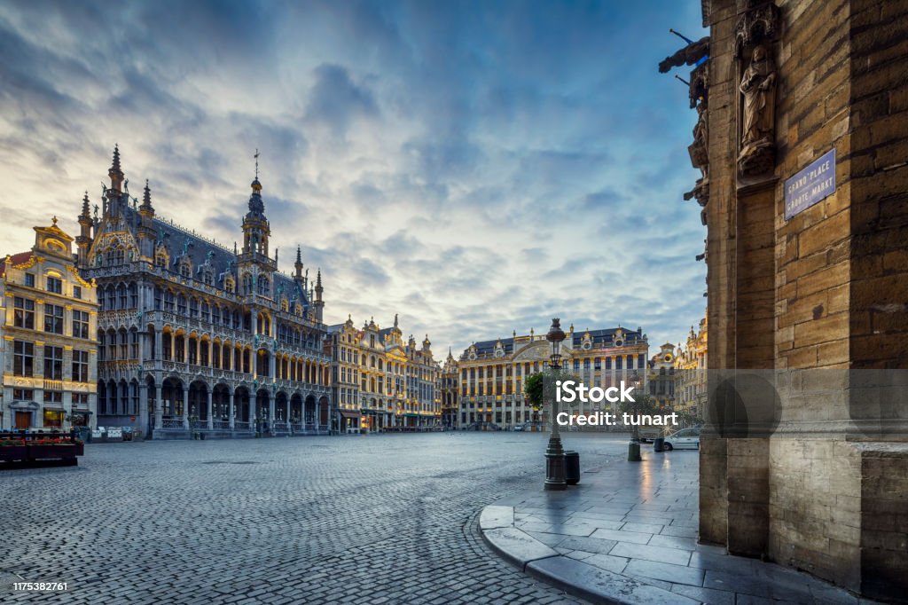 Grand Place Square in Brussels, Belgium The Grand Place (Grand Square) or Grote Markt (Grand Market) is the central square of Brussels. Built structures dates back to between 15th and 17th century. Brussels-Capital Region Stock Photo