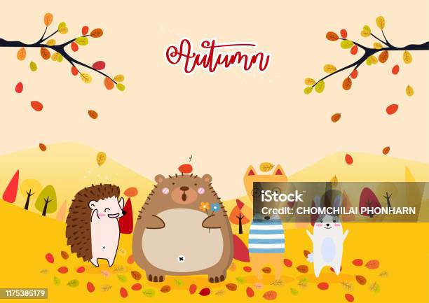 Fall Season Set Of Cute Autumn Cartoon Animals Bearrabbitwolfleaves And  Hedgehogon The Background Of Autumn Stock Illustration - Download Image Now  - iStock