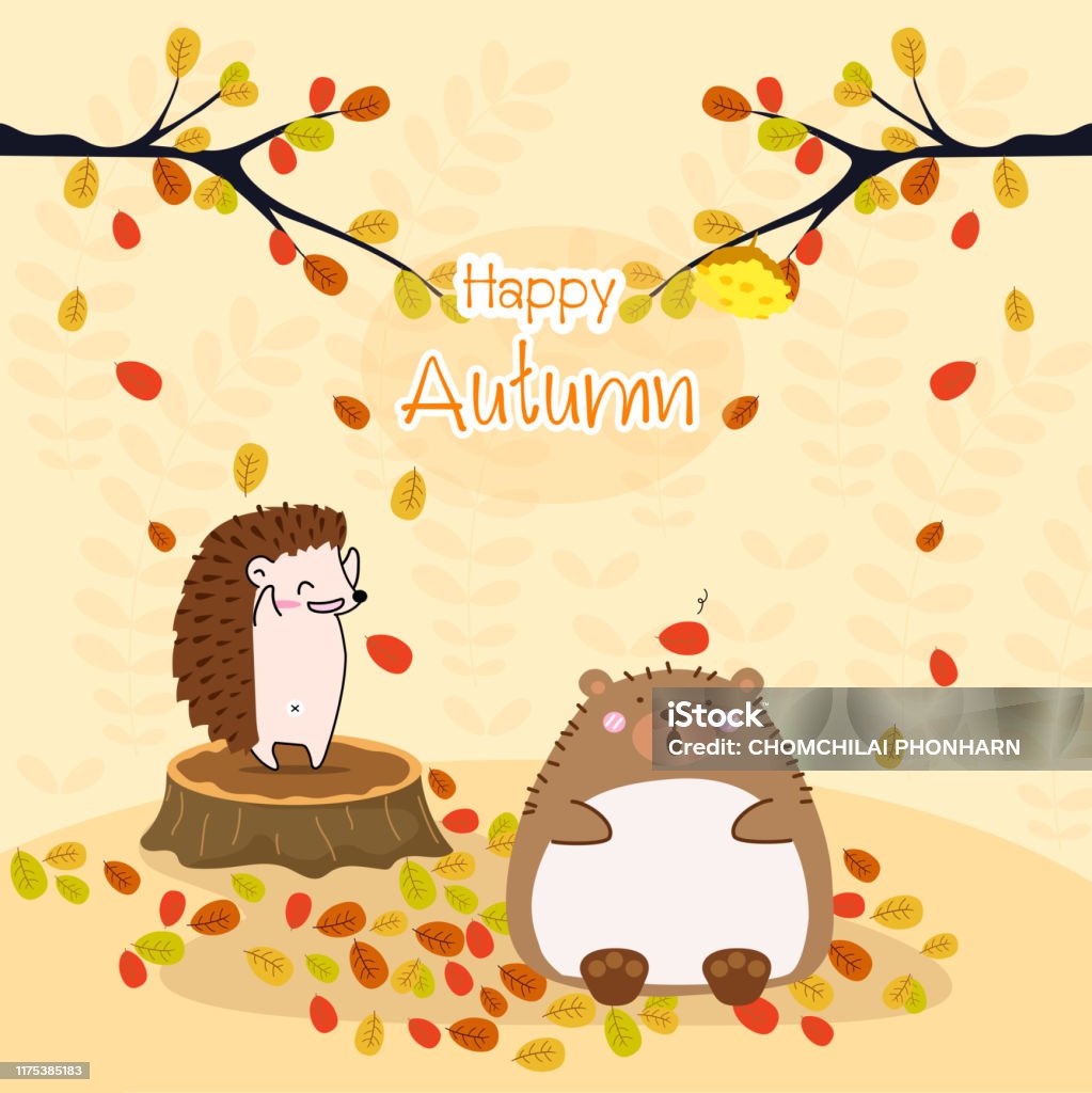 Fall Season Set Of Cute Autumn Cartoon Animals Bear Leaves And Hedgehog  Stock Illustration - Download Image Now - iStock