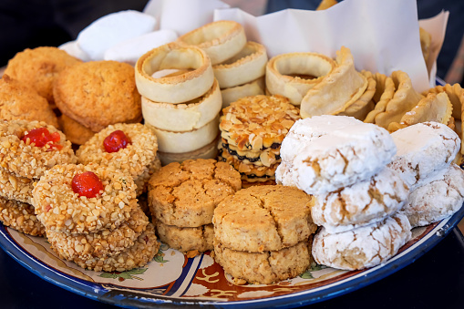 Close up shot of variation Moroccan sweet desserts