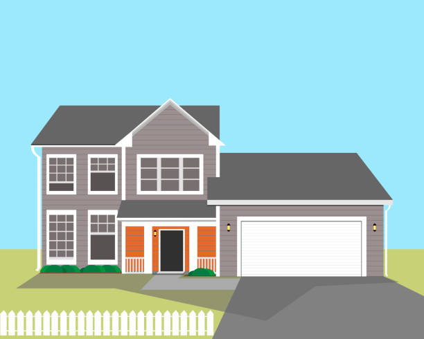 ilustrações, clipart, desenhos animados e ícones de edifício residencial de dois andares com uma garagem de estilo americano. ilustração do vetor. - driveway