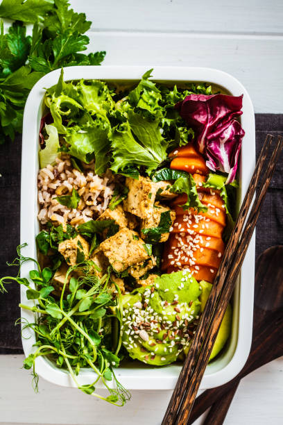 pudełko na lunch ze zdrowym wegańskim jedzeniem. pole bento z ryżem, słodkimi ziemniakami, tofu i warzywami. - bento box lunch healthy lifestyle zdjęcia i obrazy z banku zdjęć