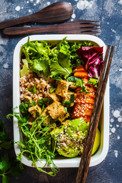 pudełko na lunch ze zdrowym wegańskim jedzeniem. pole bento z ryżem, słodkimi ziemniakami, tofu i warzywami. - bento box lunch healthy lifestyle zdjęcia i obrazy z banku zdjęć