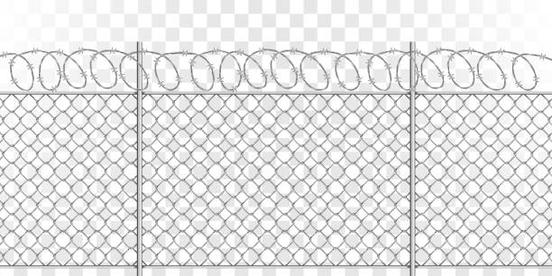metall-mesh-zaun mit stahlspiral-stacheldraht - steel wall textured metal stock-grafiken, -clipart, -cartoons und -symbole