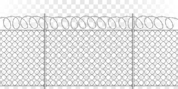 ilustrações de stock, clip art, desenhos animados e ícones de metal mesh fence with steel spiral barbed wire - barbed wire wire chain vector