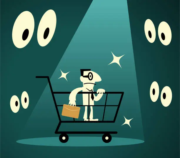 Vector illustration of Businessman standing in a shopping cart lit by a spotlight surrounded by eyes