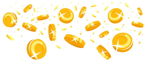 Gold coins falling down concept illustration in flat style isolated, treasure of gold wealth with bright sparkles, coins scatter in different directions