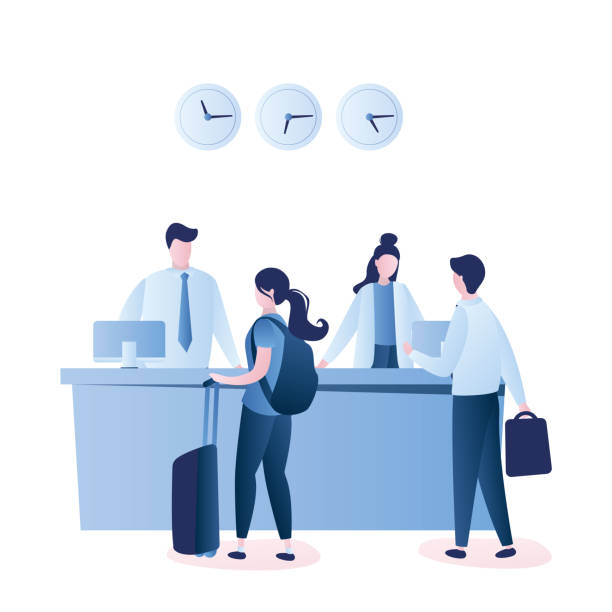 Hotel reception and travellers talking with receptionists.Indoors interior Hotel reception and travellers talking with receptionists.Indoors interior. Male and female characters in trendy style,vector illustration receptionist stock illustrations