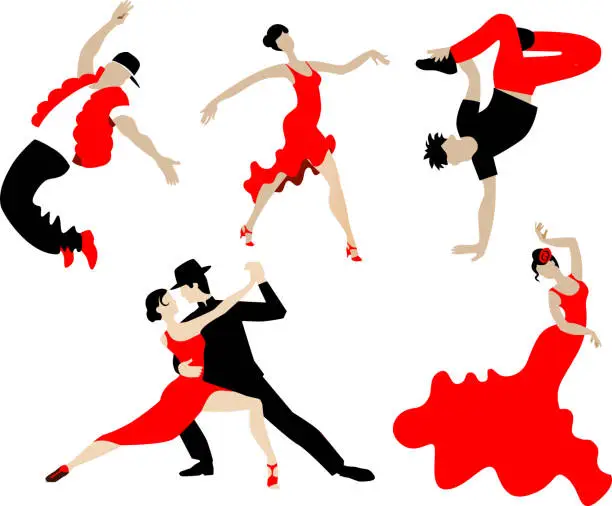 Vector illustration of Set of dancing different dances of people in black and red.