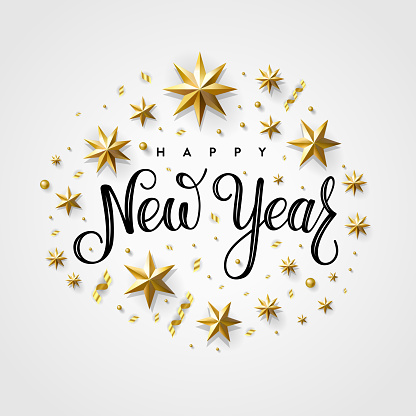 Happy New Year 2020. Lettering Composition With Stars And Sparkles. Holiday Vector Illustration.
