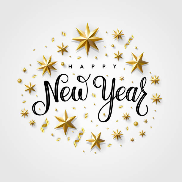 Happy New Year 2020 Gold Star Gray Happy New Year 2020. Lettering Composition With Stars And Sparkles. Holiday Vector Illustration. happy new year stock illustrations