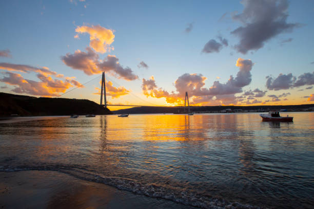 Yavuz Sultan Selim bridge is the tallest suspension bridge in th. Light, bosporus. stock photo