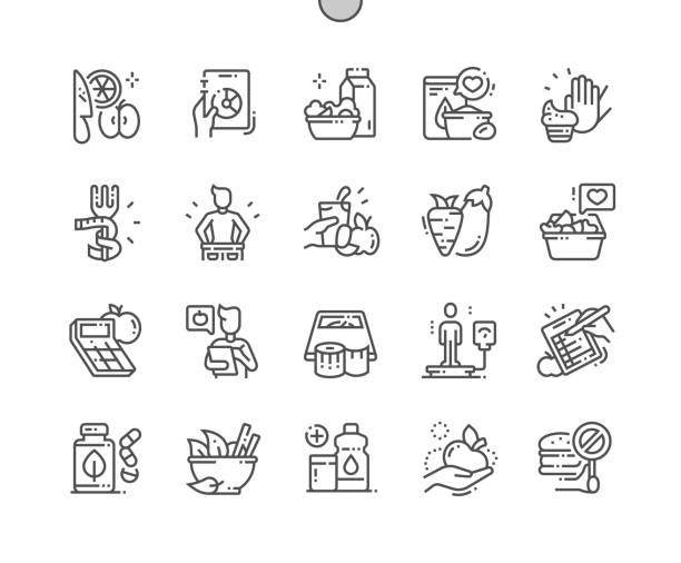 ilustrações de stock, clip art, desenhos animados e ícones de diet well-crafted pixel perfect vector thin line icons 30 2x grid for web graphics and apps. simple minimal pictogram - weight apple loss weightloss