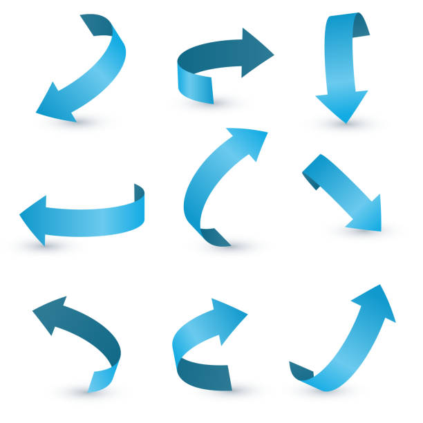 illustrations, cliparts, dessins animés et icônes de ensemble de flèche de ruban bleu. arrow stickerst différents angles et directions. - pointe de flèche