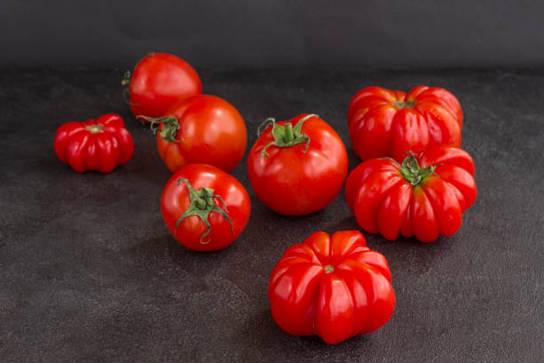 istock Tomatoes of different shapes on a black background 1175413017